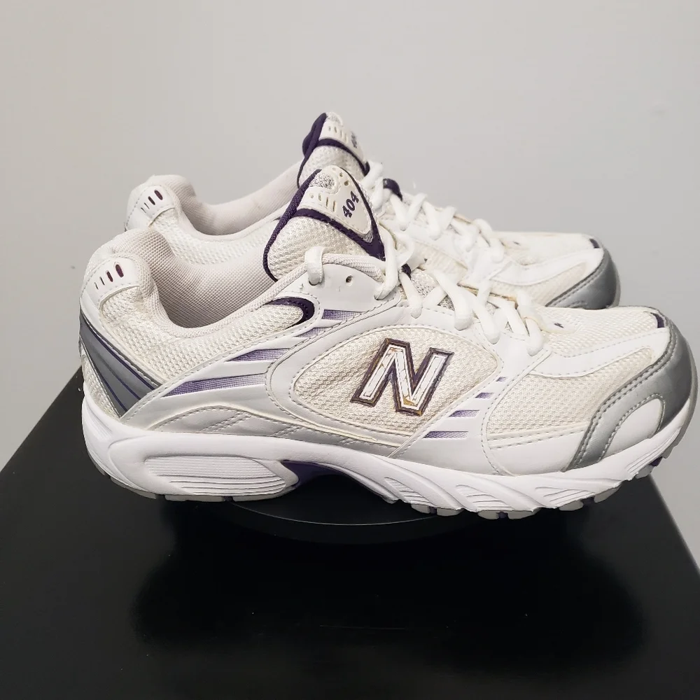 New Balance White and Silver Athletic Sneakers with Purple Accents